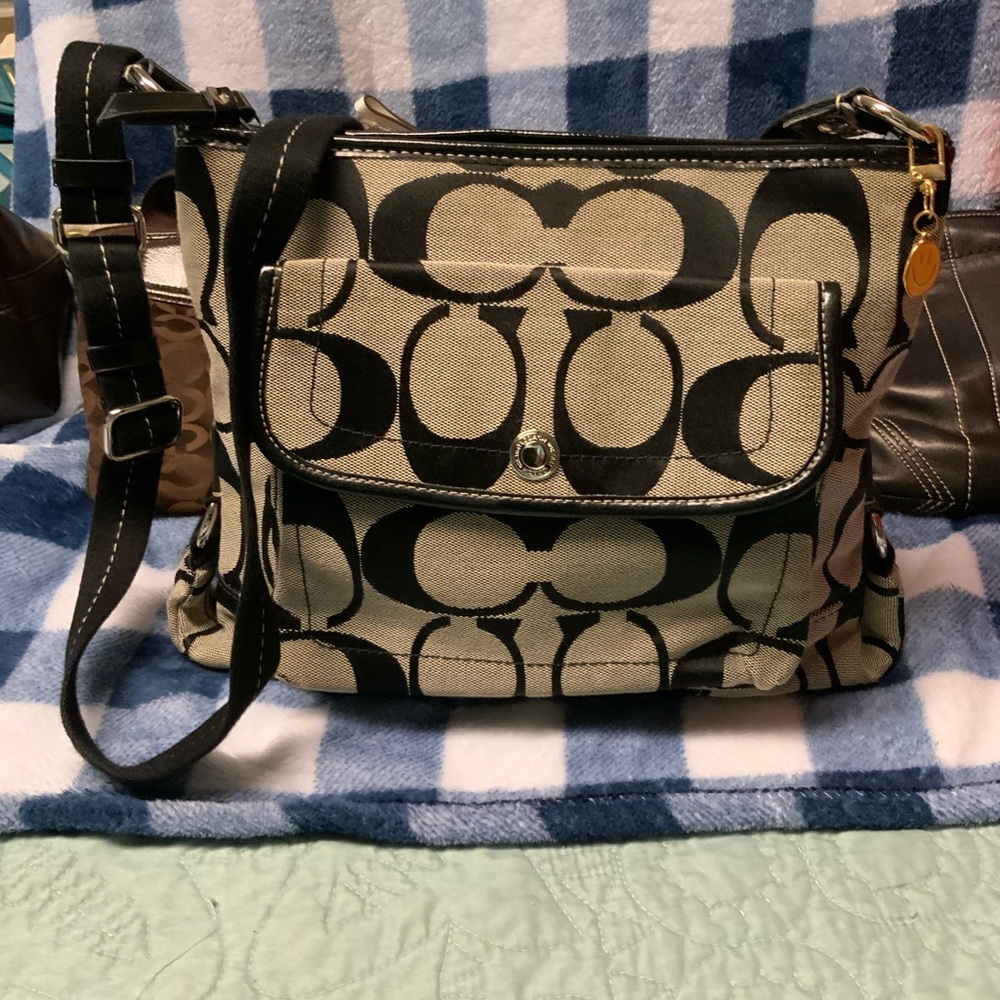Coach Signature Black and Tan Satchel
